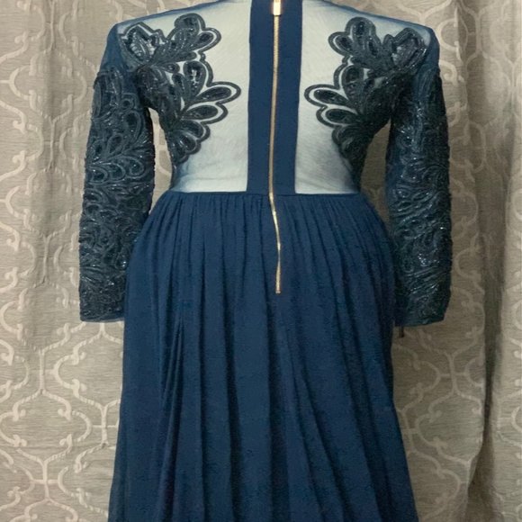 NWT Elie Saab Peacock Blue Sequin Beaded Long Sleeve Gown Dress, Sz 36 - Picture 9 of 14